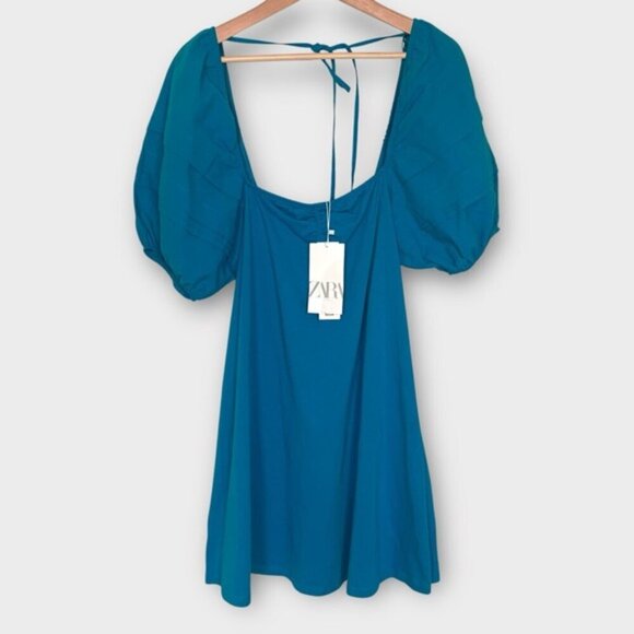 NWT Zara Blue Puff Sleeve Mini Dress - Picture 6 of 9